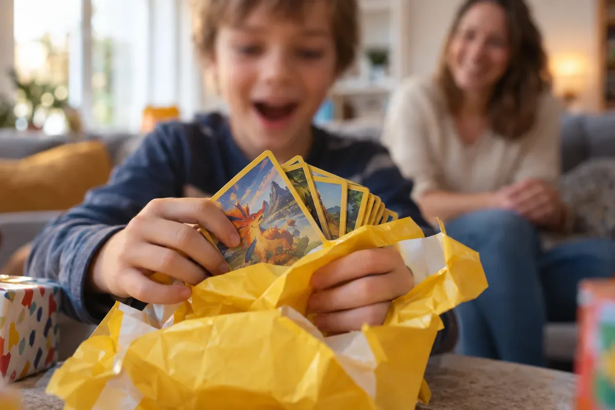 Un enfant émerveillé déballe des cartes dans du papier de soie jaune, sa mère sourit derrière lui.