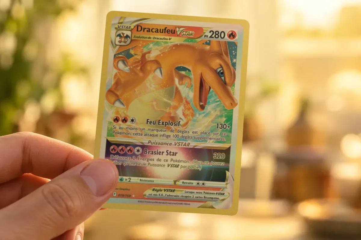 Une vraie carte Pokémon, Dracaufeu VSTAR, tenue entre deux doigts.