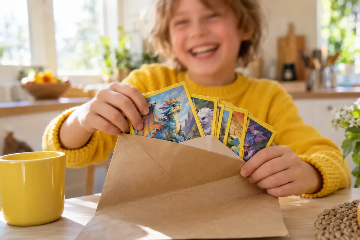 Un enfant en pull jaune sort des cartes d'une enveloppe en riant.