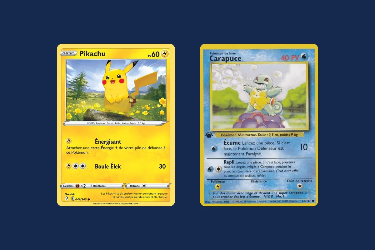 Deux vraies cartes Pokémon face à face sur un fond bleu nuit : Pikachu, type Électrique, 60 PV, et Carapuce, type Eau, 40 PV.