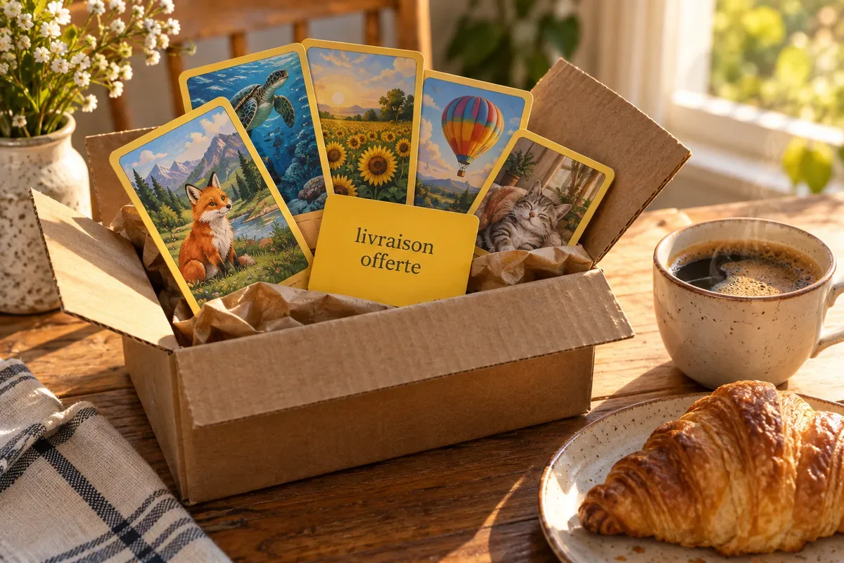 Un colis ouvert sur la table du petit-déjeuner : des cartes en éventail sorties de leur enveloppe et un carton jaune « livraison offerte ».