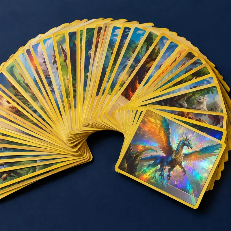 Vue de dessus : un lot de cartes à collectionner étalé en grand éventail, une carte brillante au premier plan et une petite boîte jaune.
