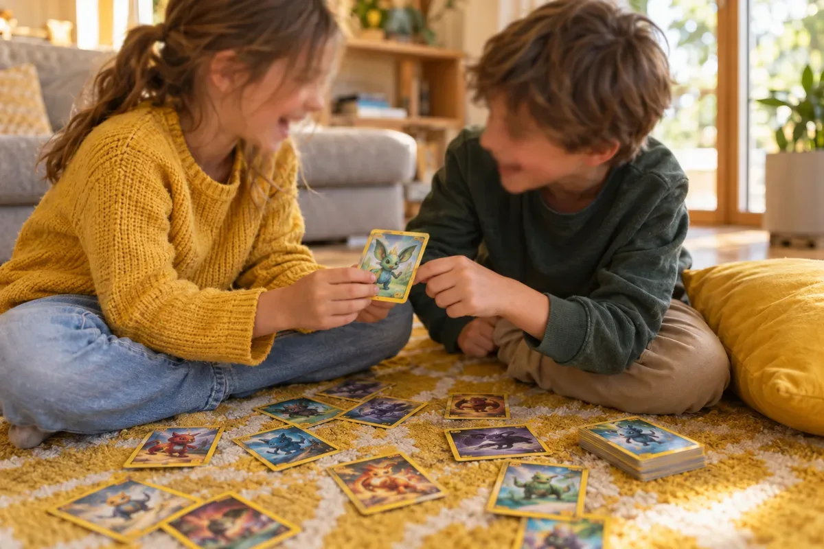 Deux enfants assis sur un tapis jaune comparent leurs cartes en riant, d'autres cartes étalées devant eux.