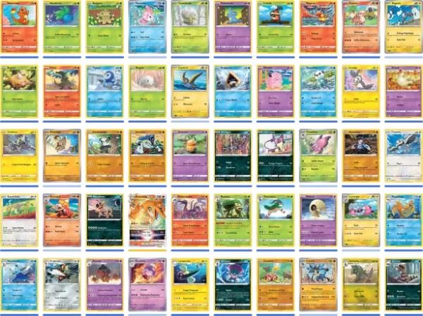 Une tranche de 50 cartes Pokémon toutes différentes, en grille de 10 sur 5 : 40 communes comme Salamèche et Tiplouf, 6 brillantes comme Magnéti et Zapétrel, et 4 rares dont Dracaufeu VSTAR.