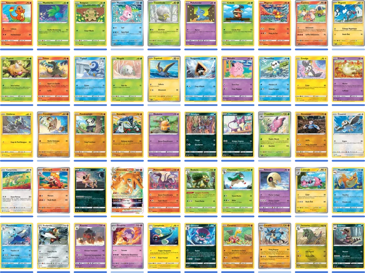 Cinquante vraies cartes Pokémon toutes différentes, de tous les types, posées en grille de dix sur cinq.