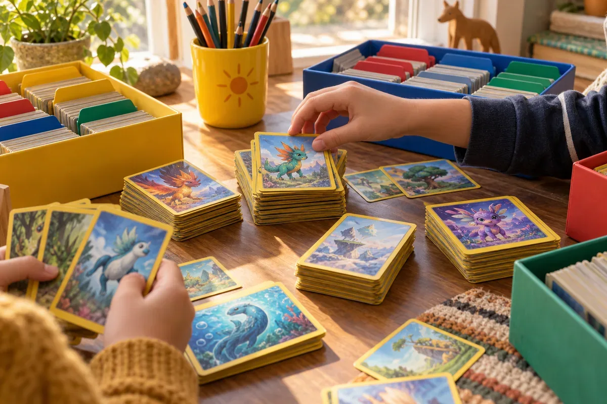Illustration : des mains d'enfant trient des cartes en piles près de boîtes de rangement colorées.