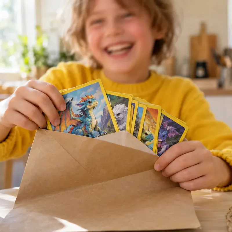 Un enfant sort ses cartes d'une enveloppe en riant