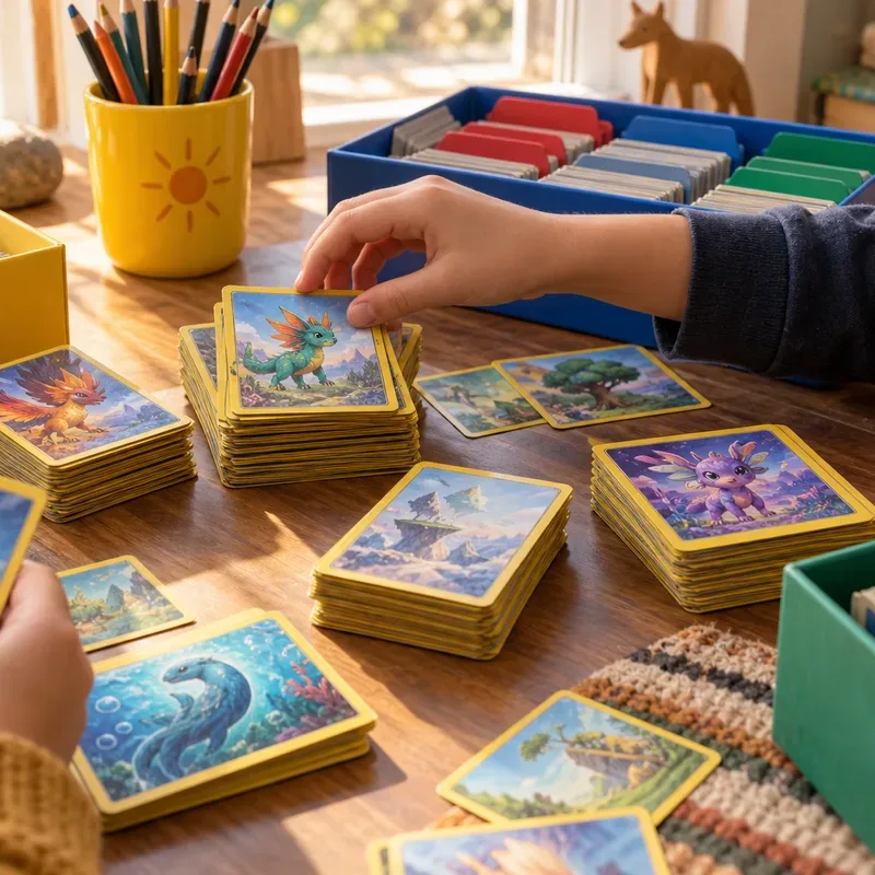 Des mains d'enfant piochent une carte sur la table de tri