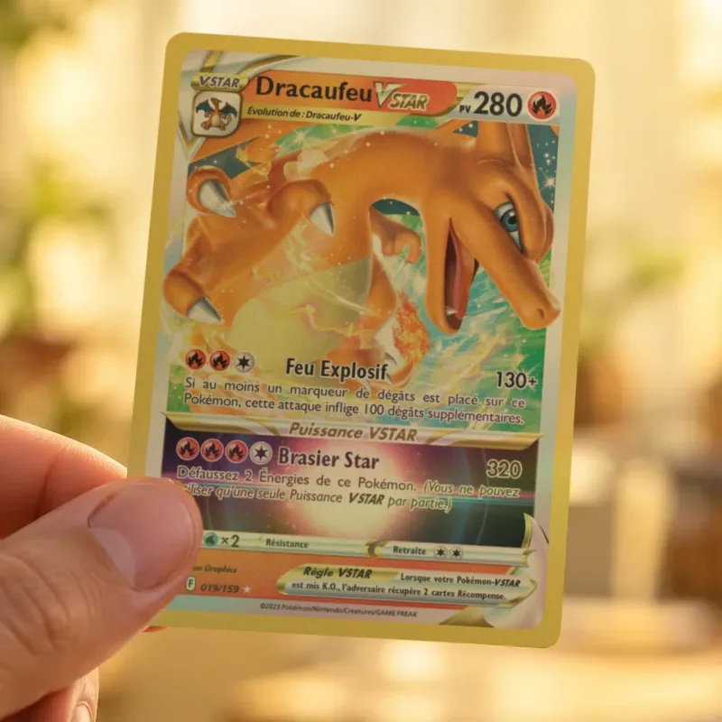 Une vraie carte Pokémon, Dracaufeu VSTAR, tenue entre deux doigts